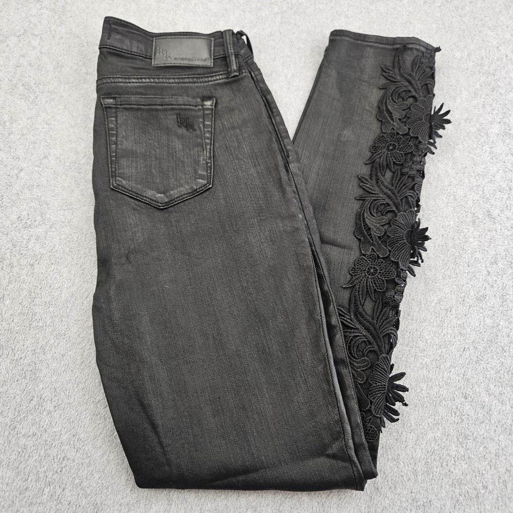 KENDALL + KYLIE Jeans Women 27 Black Floral Lace Applique Coated Skinny Denim